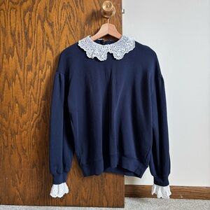 J. Crew Size Small Navy Blue Sweatshirt With Lace Cuffs and Peter Pan Collar